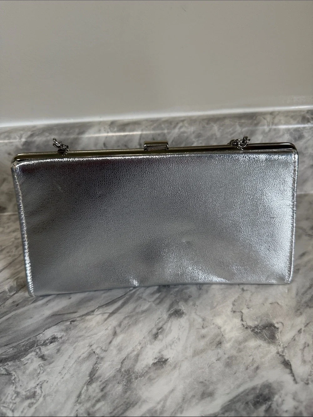 Silver Metallic Evening Clutch Bag Rhinestone Kiss Lock Chain Strap Formal Weddi